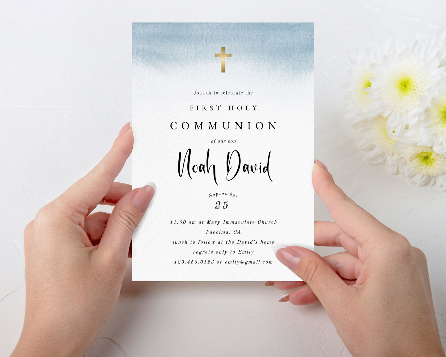 Blue water color editable first holy invitation instant download