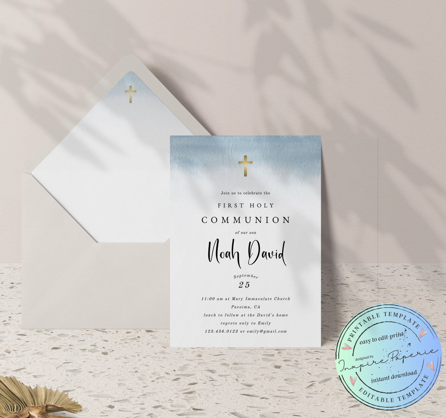 Editable blue watercolor First Communion invitation for boy – Templett template