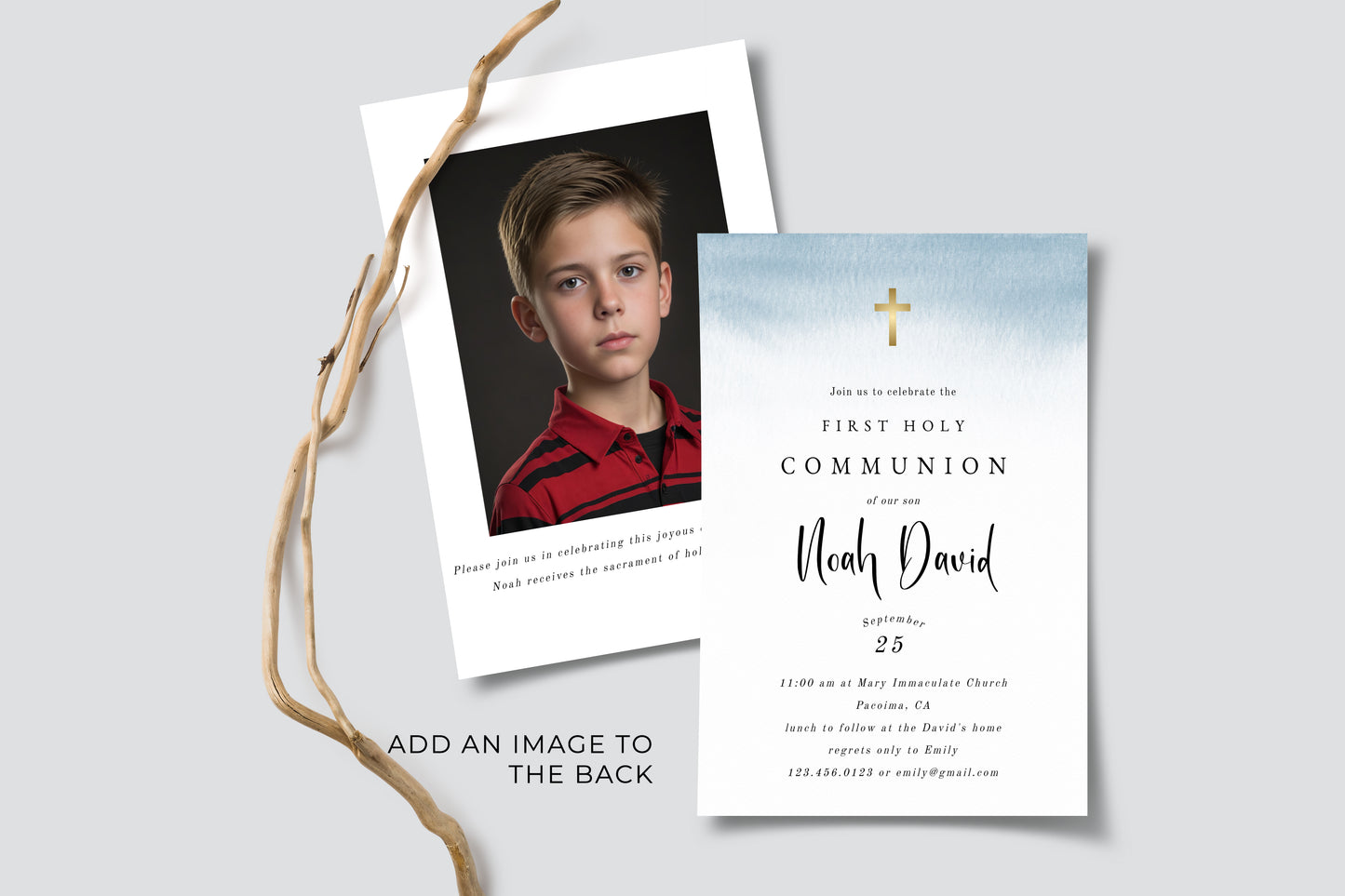 boy holy communion invite - optional photo backside