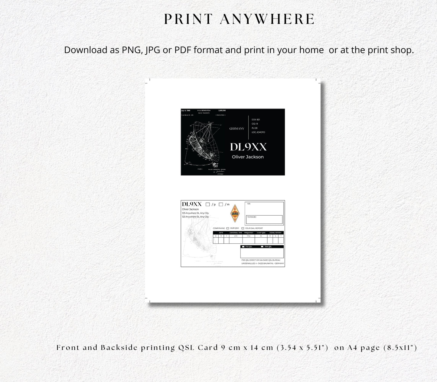 Custom qsl card template - print anywhere - print in your home or at the print shop