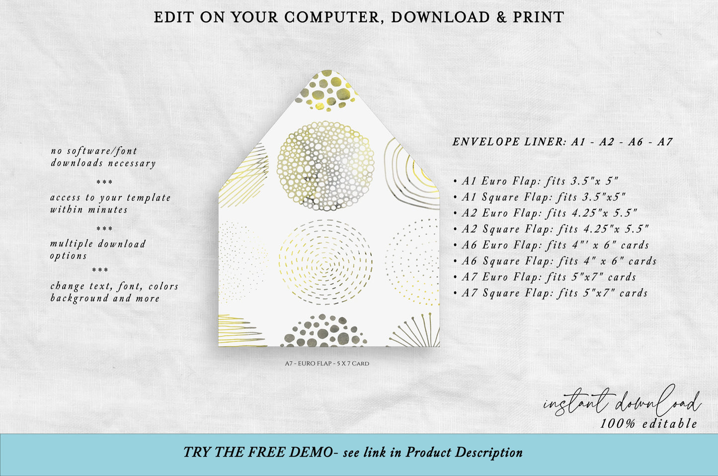 Included file formats for envelope liner templates – A7, A6, A2, A1 sizes – printable and editable