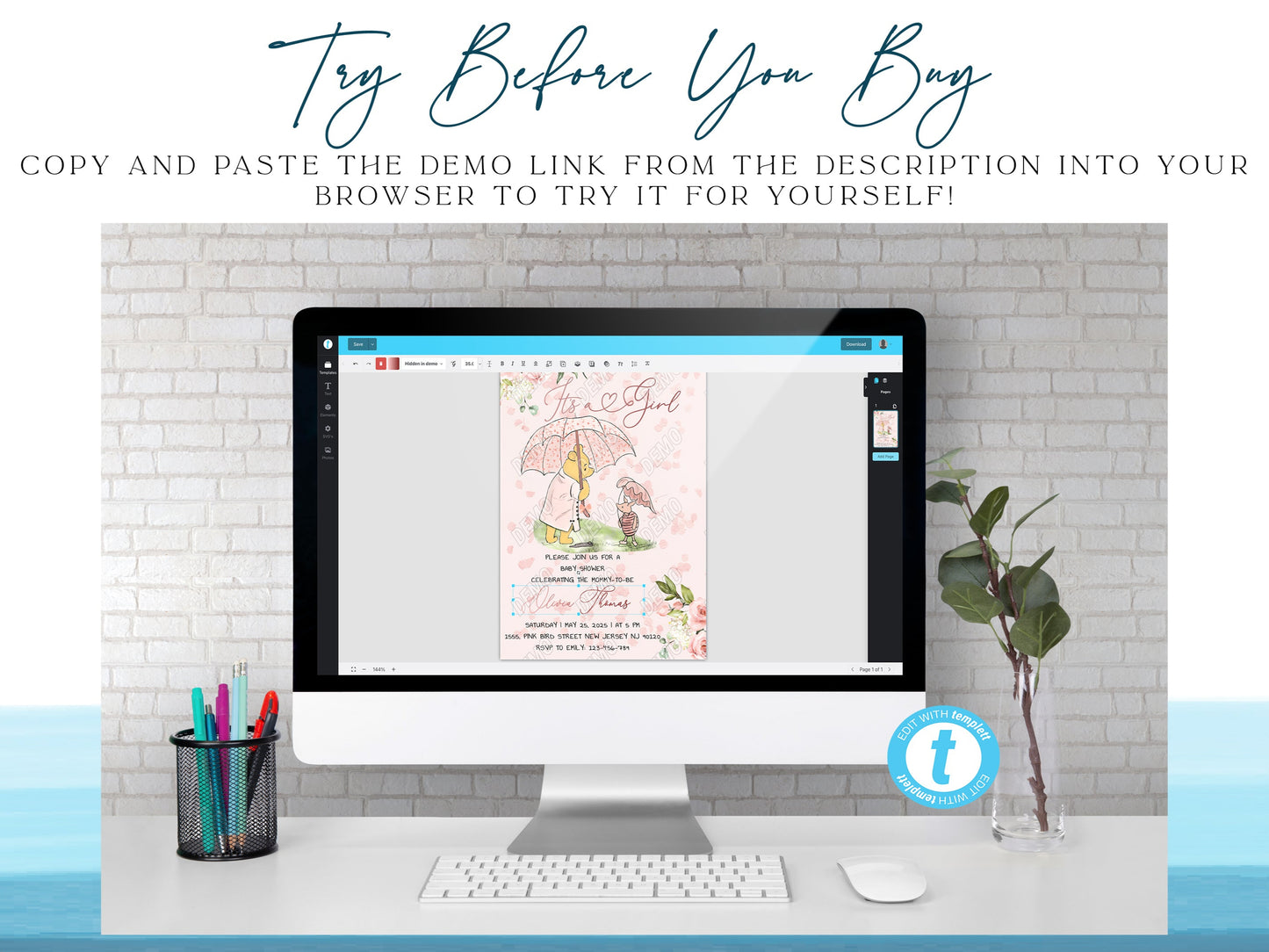 Mobile version of the editable Pooh baby shower evite – how it works tutorial