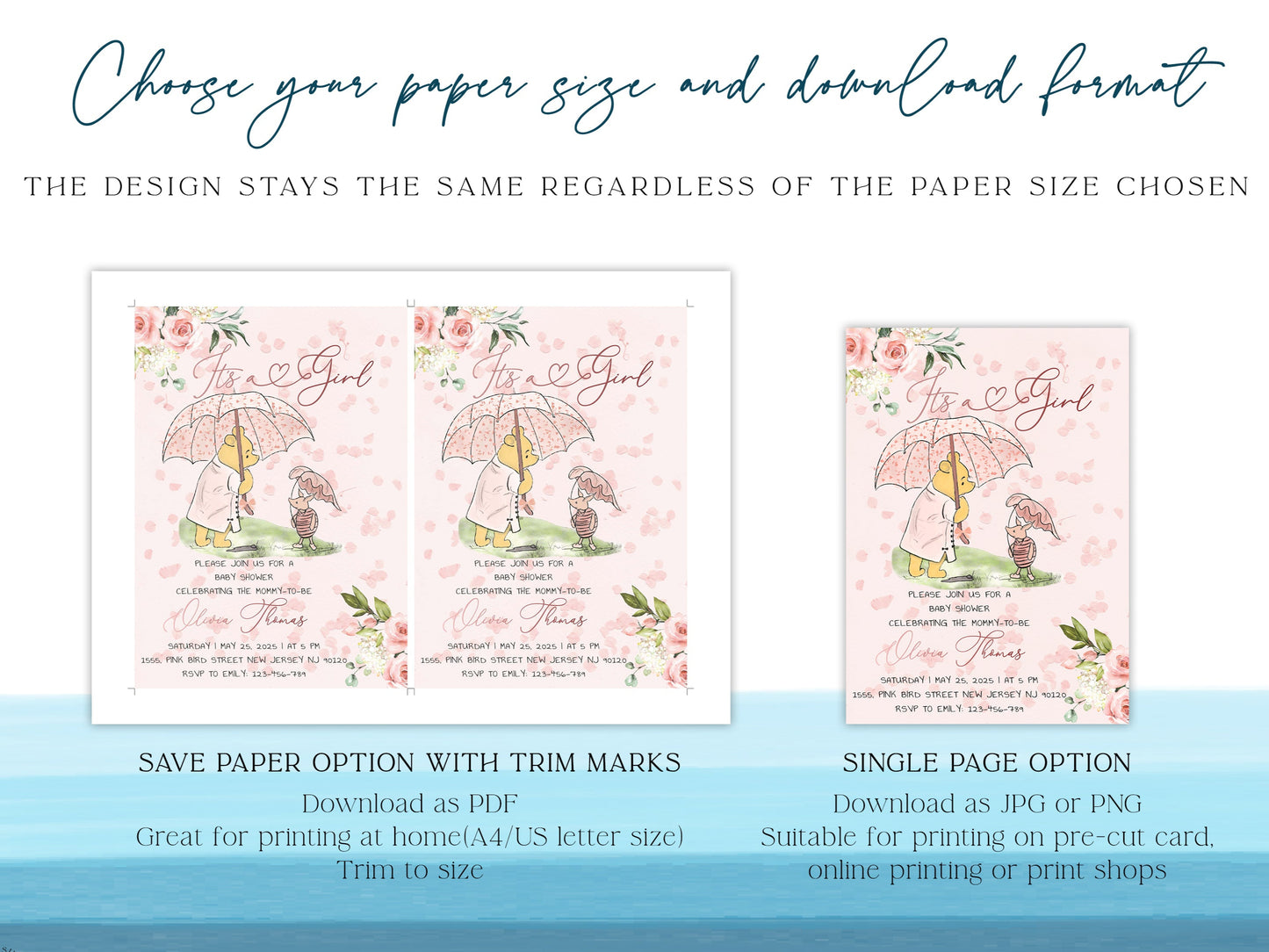 Classic Pooh printable baby shower invitation - editable with Templett