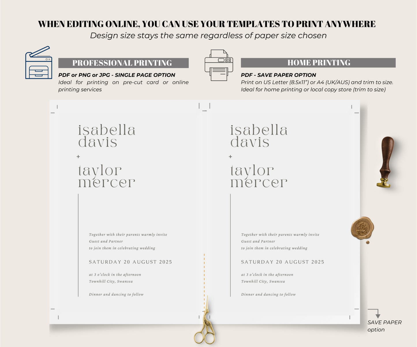 How to print and printing options minimalist modern wedding invite set