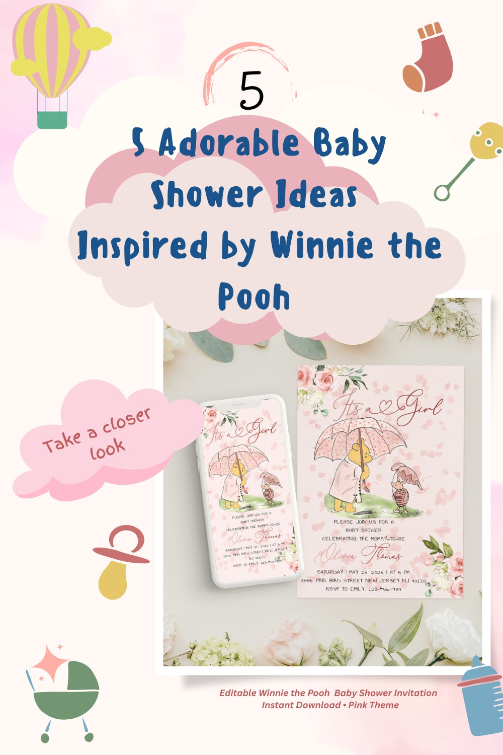 Editable pink Winnie the Pooh baby shower invitation template for girls