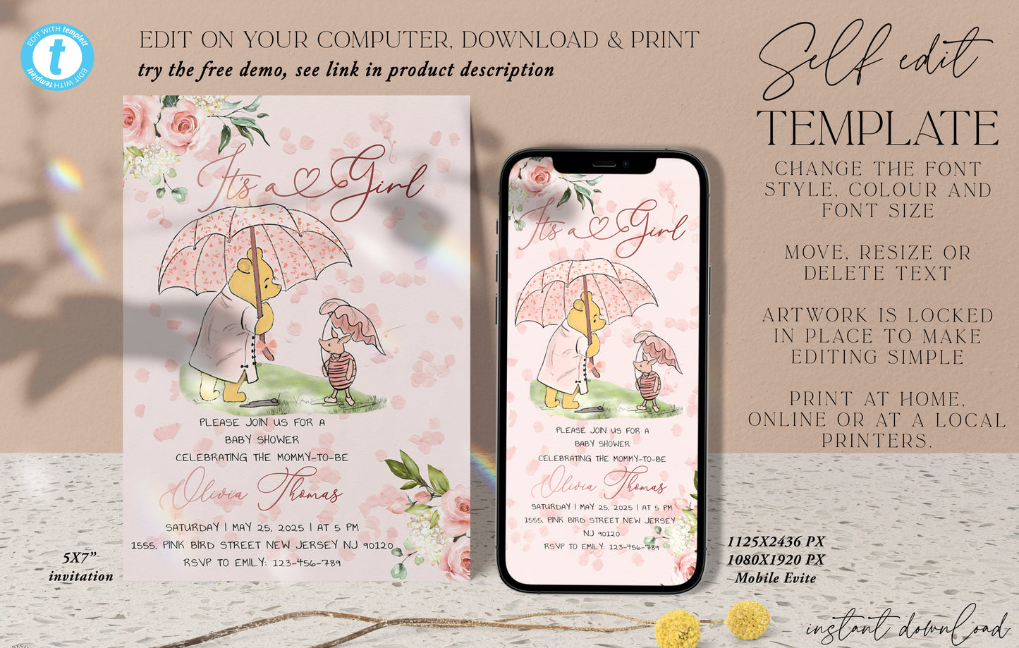 Editable Winnie The Pooh Baby Shower Invitation, Pink Winnie The Pooh Invitation, Digital Invitation Its a Girl, Pooh Printable Template