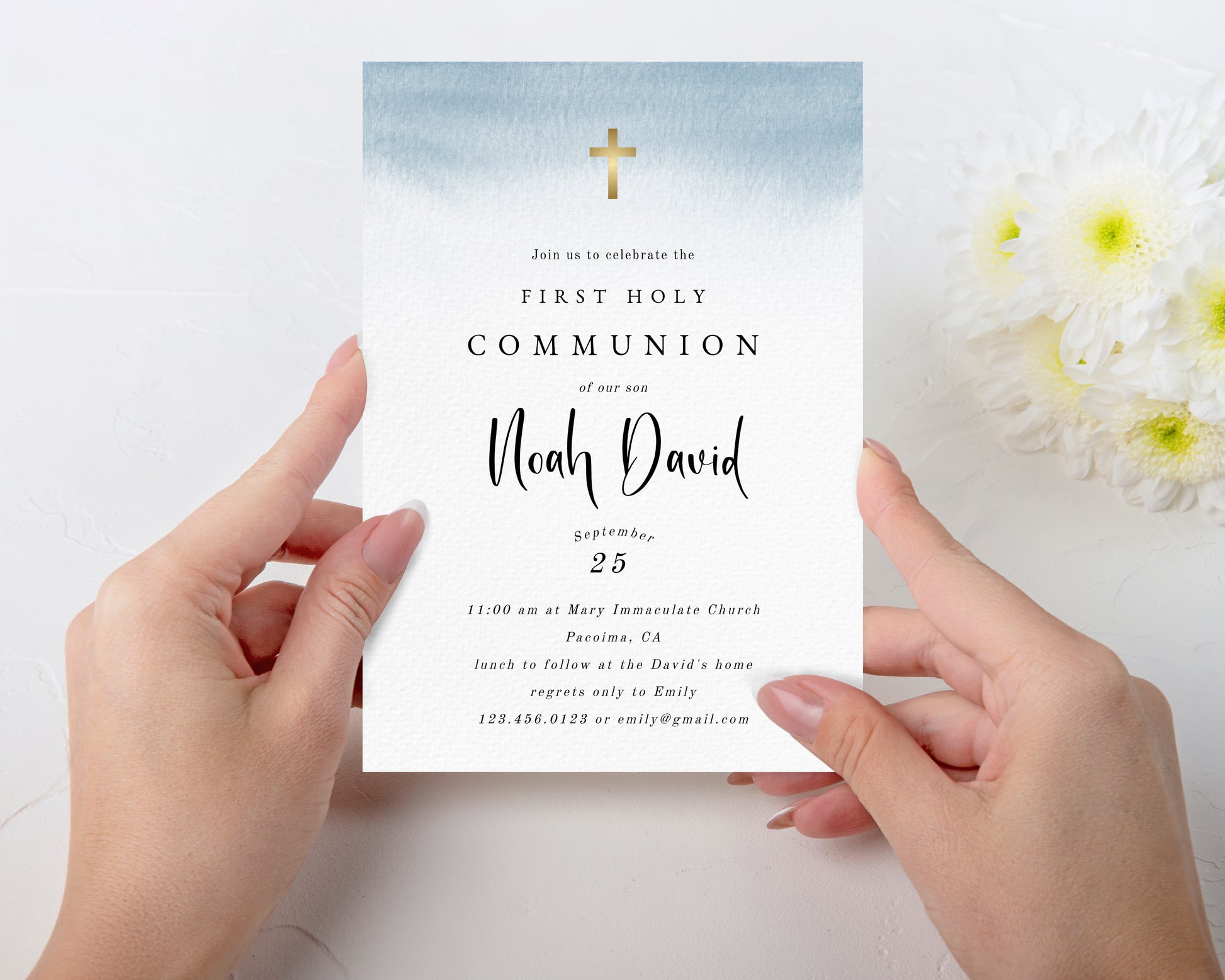 Blue water color editable first holy invitation instant download