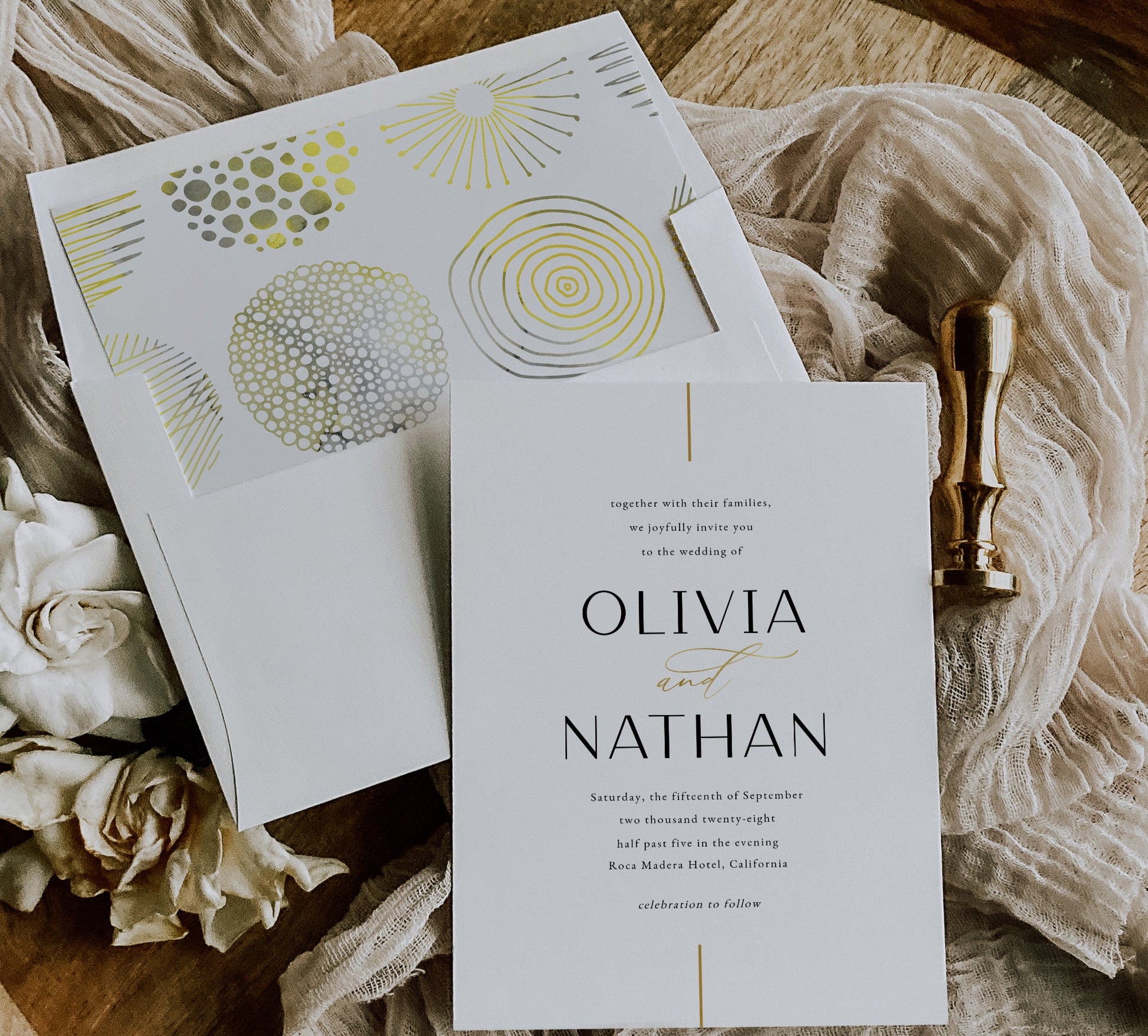 A7 gold foil envelope liner template inserted into wedding envelope – printable DIY design