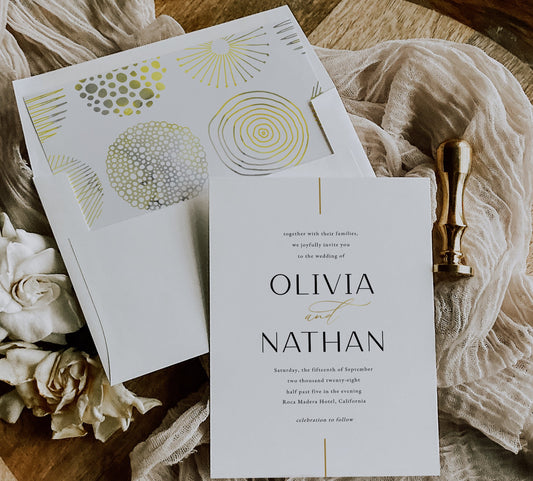 A7 gold foil envelope liner template inserted into wedding envelope – printable DIY design