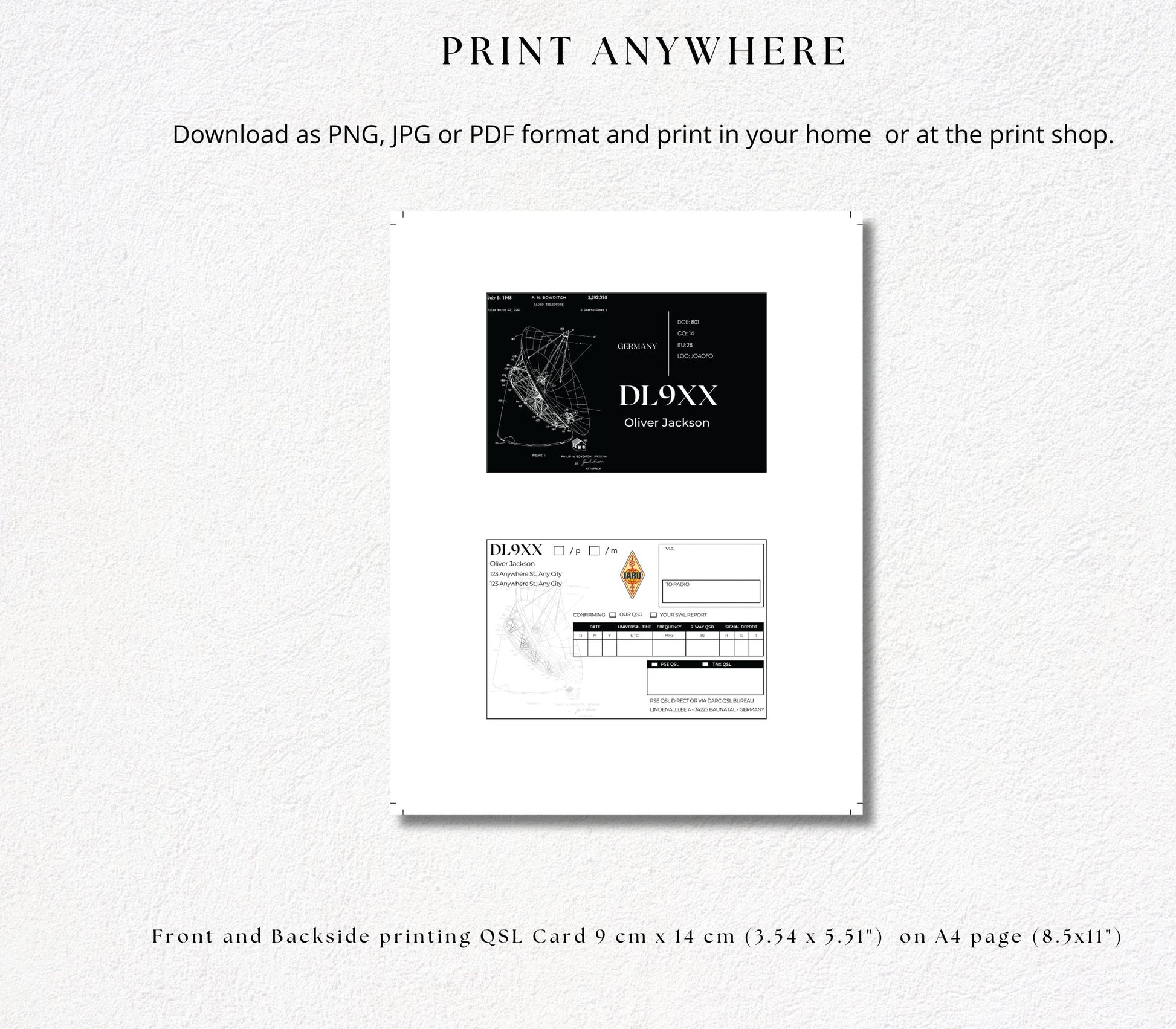 Custom qsl card template - print anywhere   - print in your home or at the print shop