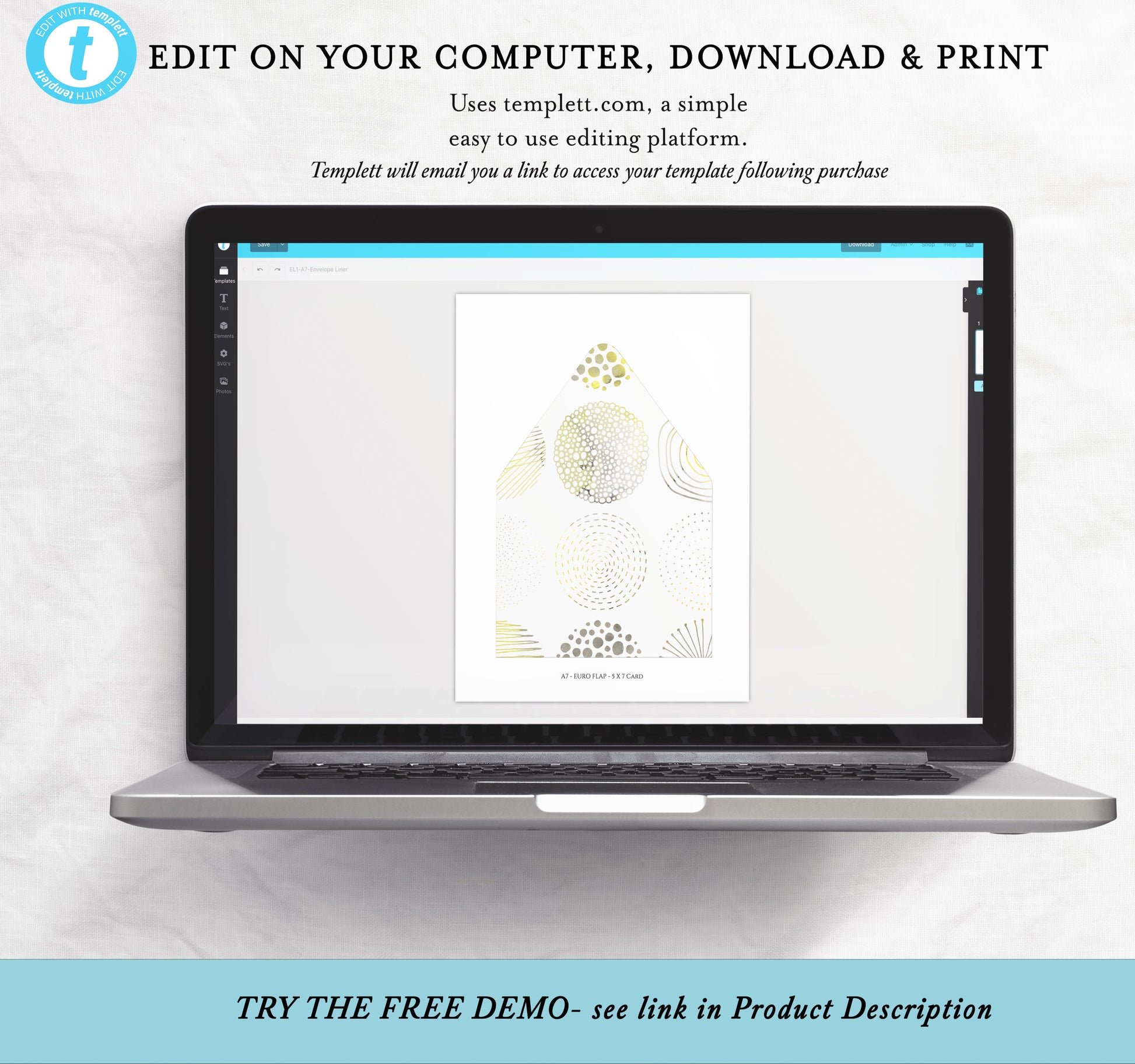 Edit envelope liner template on your computer with Templett – download and print at home
