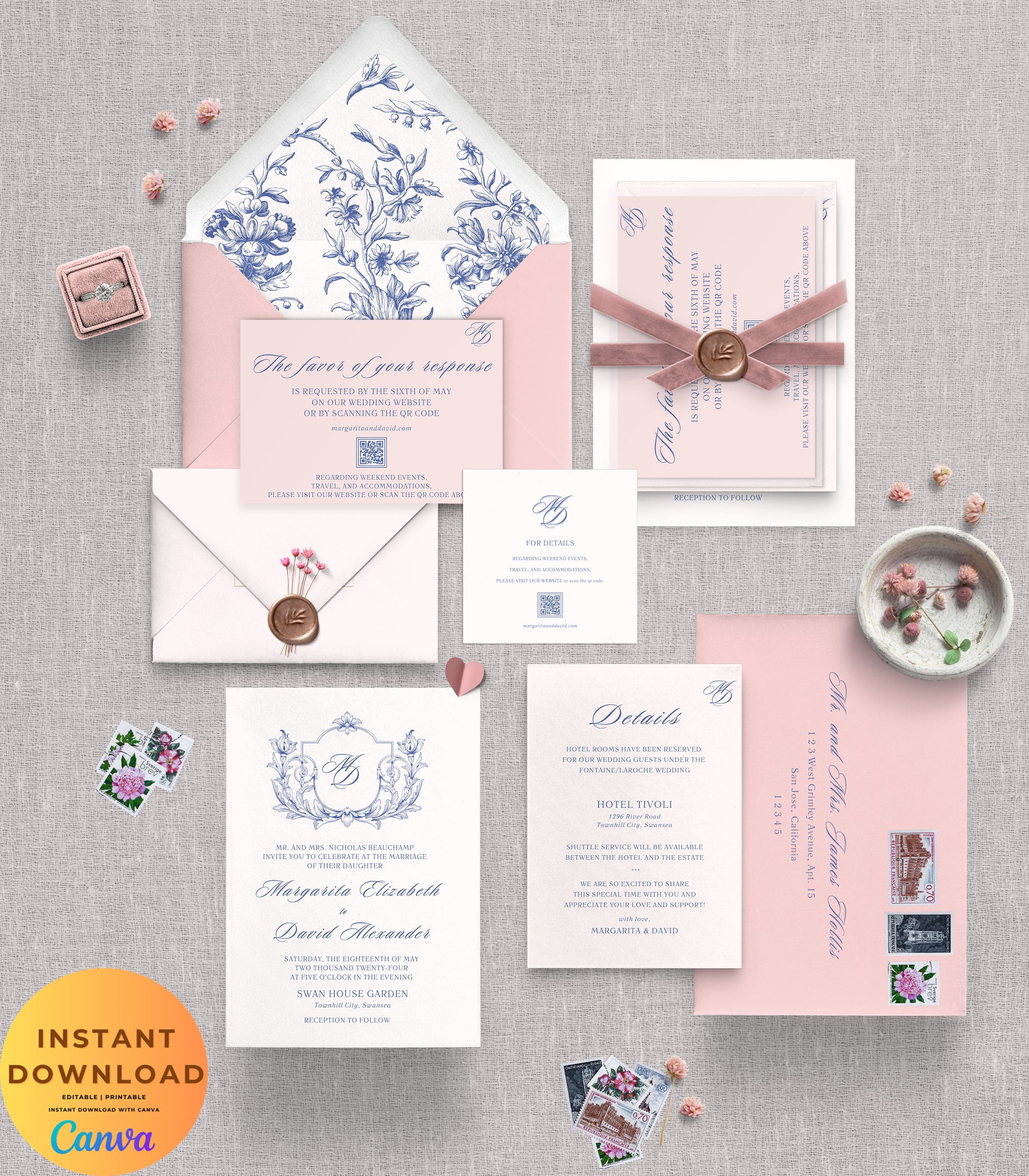 Vintage Romantic Wedding Invitation Template - Editable Baroque Floral Suite for Garden Weddings