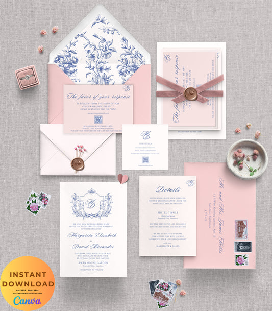 Vintage Romantic Wedding Invitation Template - Editable Baroque Floral Suite for Garden Weddings