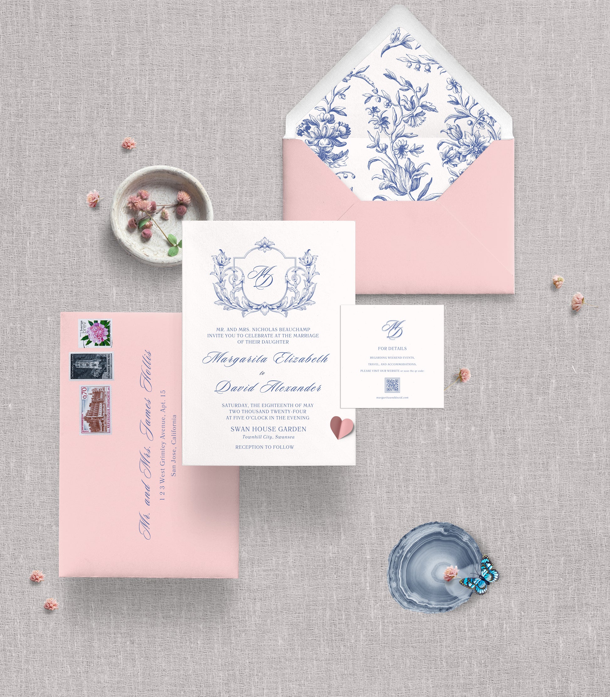 Editable vintage wedding invitation template with hand-drawn illustrations
