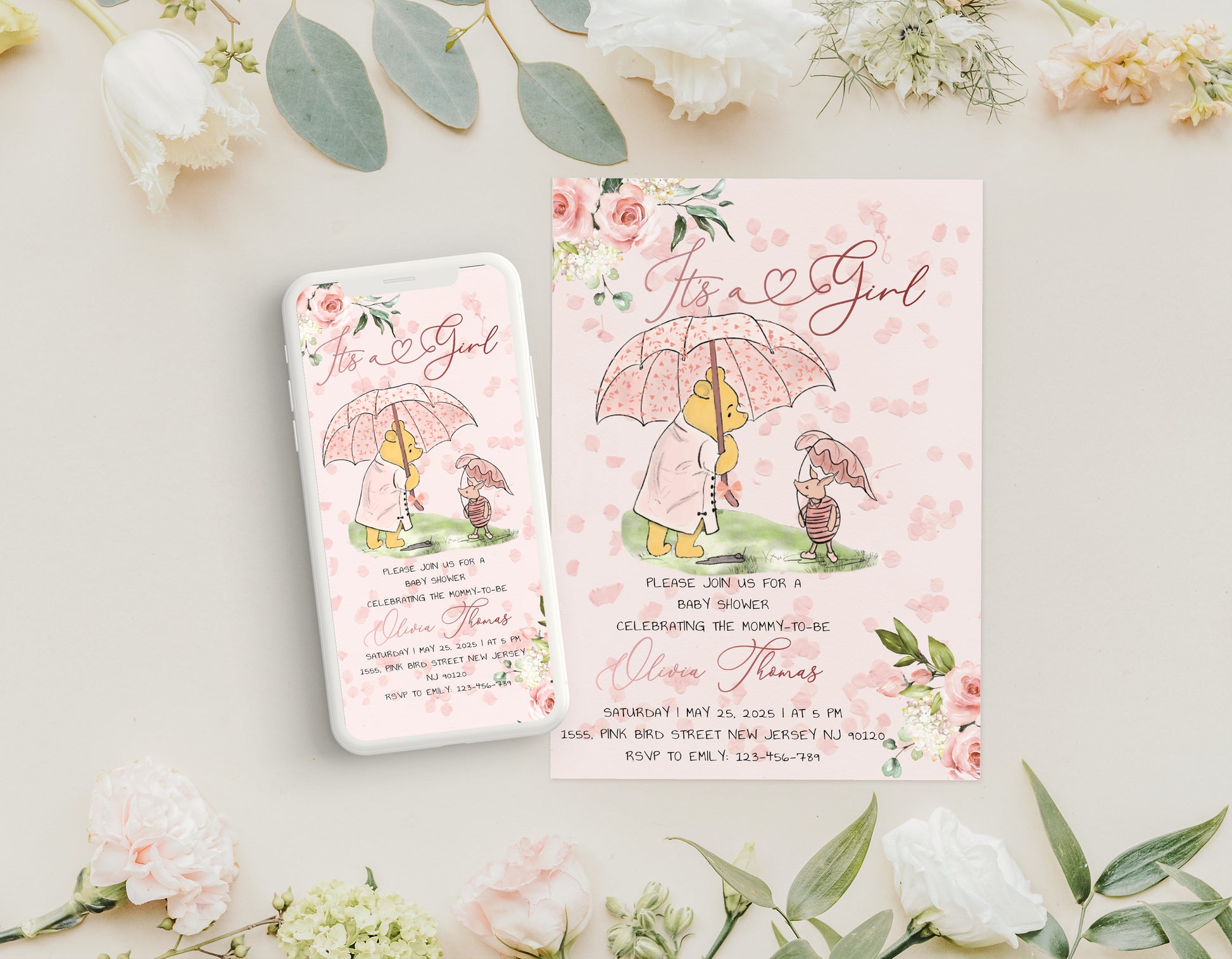 Editable Winnie the Pooh baby shower invitation with floral pink theme for a girl