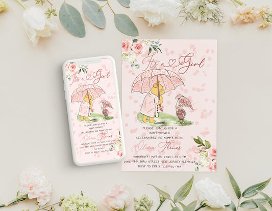 Editable Winnie the Pooh baby shower invitation with floral pink theme for a girl