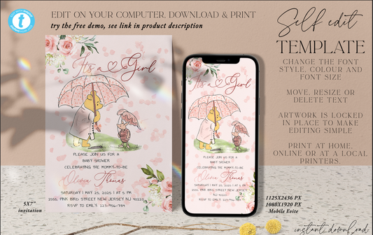 Templett demo link for editable Winnie the Pooh baby shower invitation