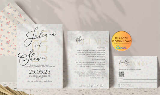 Minimalist floral wedding invitation suite with RSVP, details card and instant download label