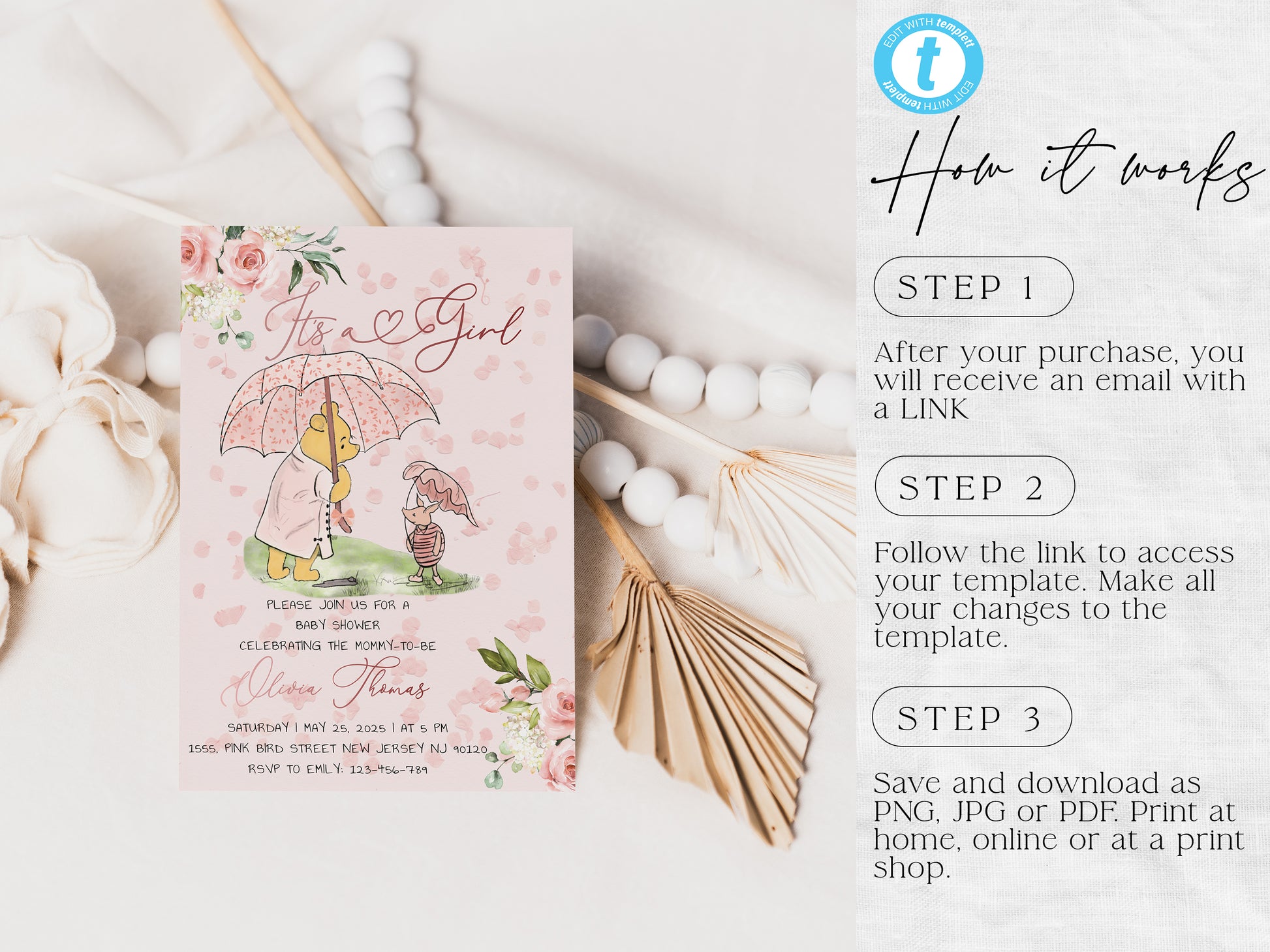 Digital Winnie the Pooh invitation with pink floral design â€“ perfect for baby girl showers