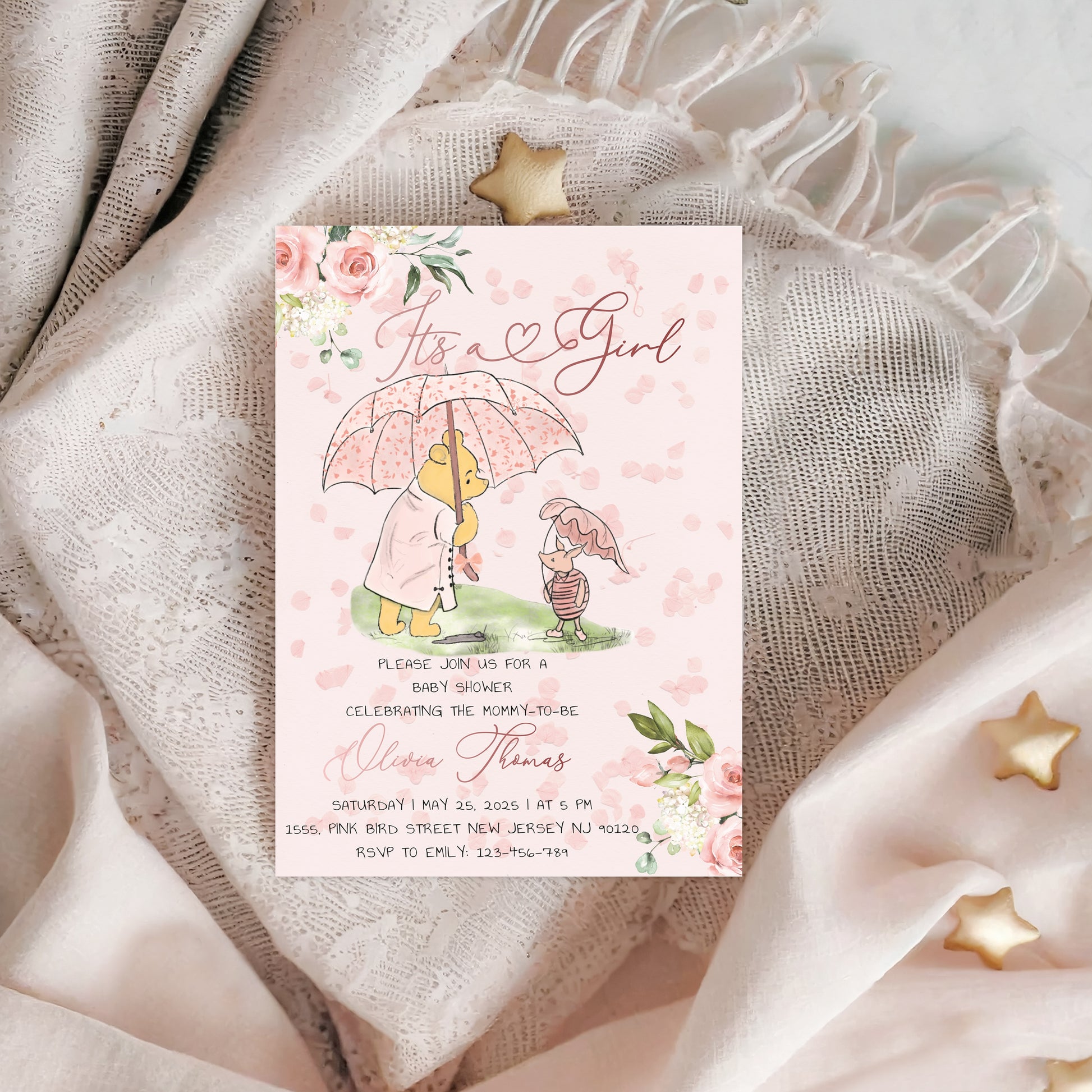 Printable and customizable Pooh baby shower invite for girls â€“ instant download