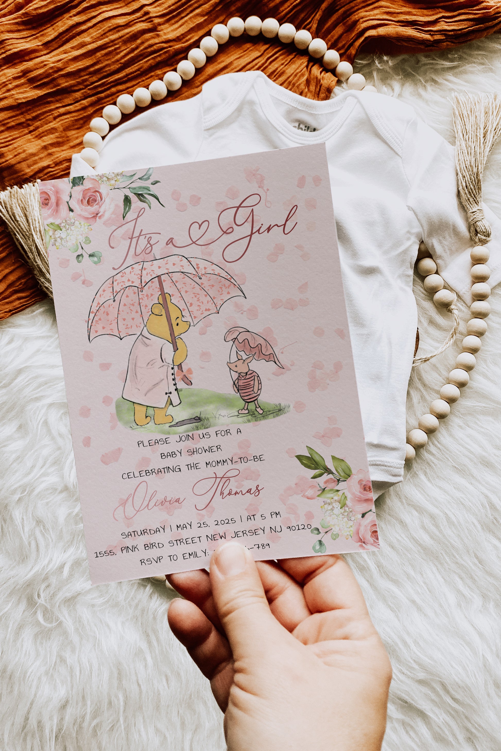 Preview of editable mobile-friendly Winnie the Pooh invitation for baby shower