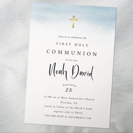Printable 1st communion invitation blue watercolor boy communion invite – 5x7 inch card