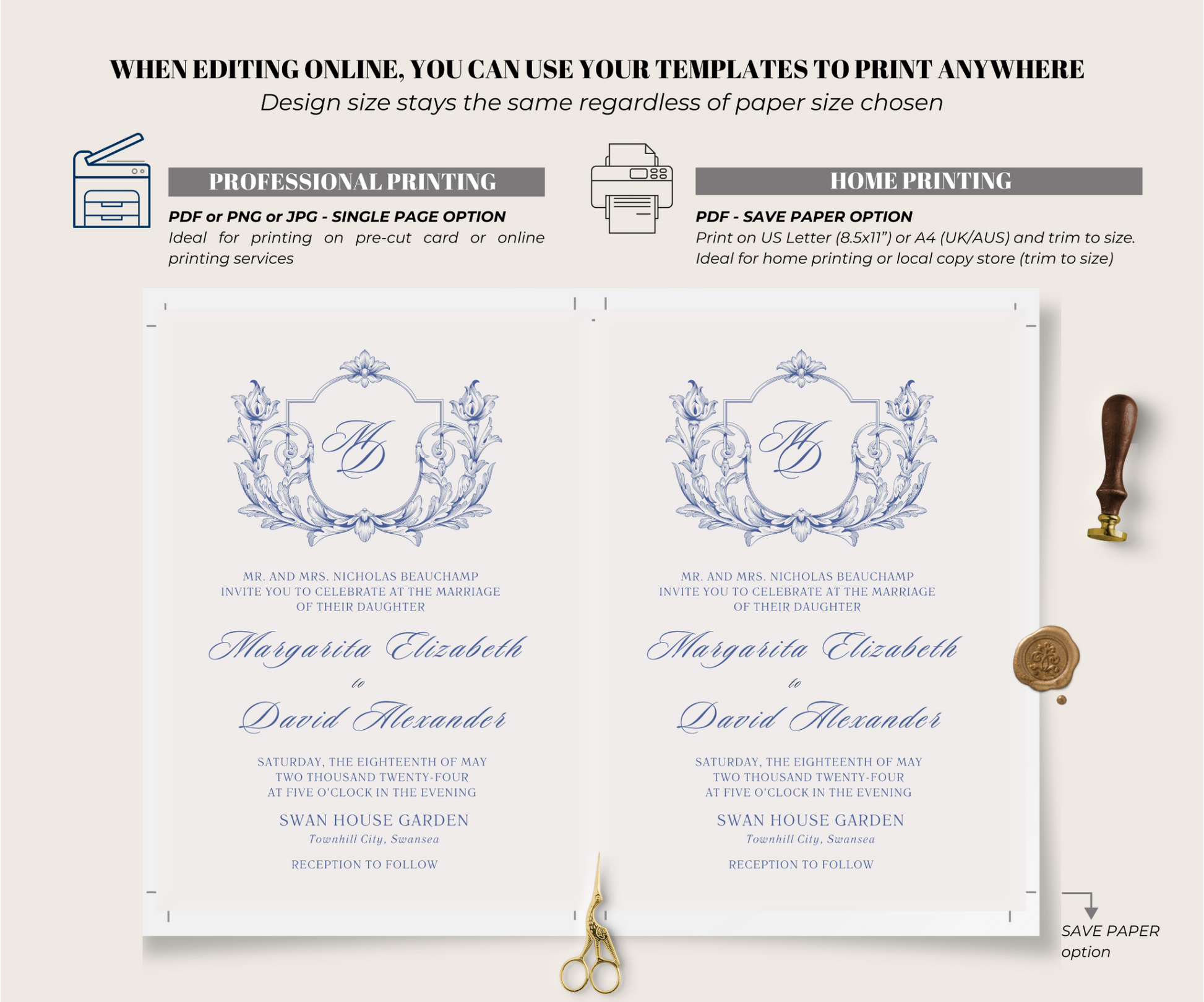 printable vintage baroque frame wedding invitation suite print options