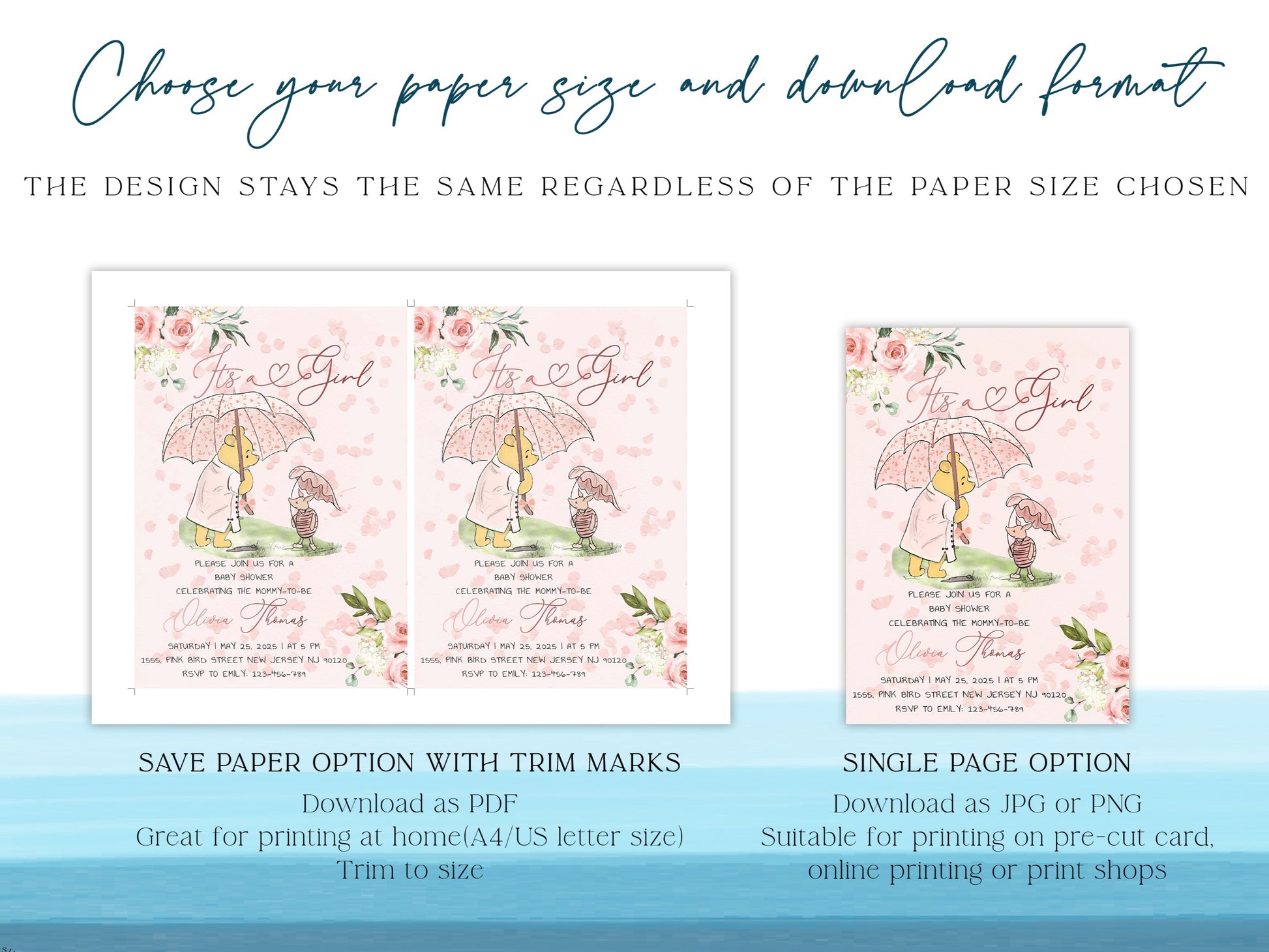 Classic Pooh printable baby shower invitation -  editable with Templett