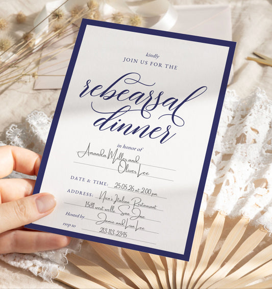 Printed version of rehearsal dinner invitation with handwritten sample text