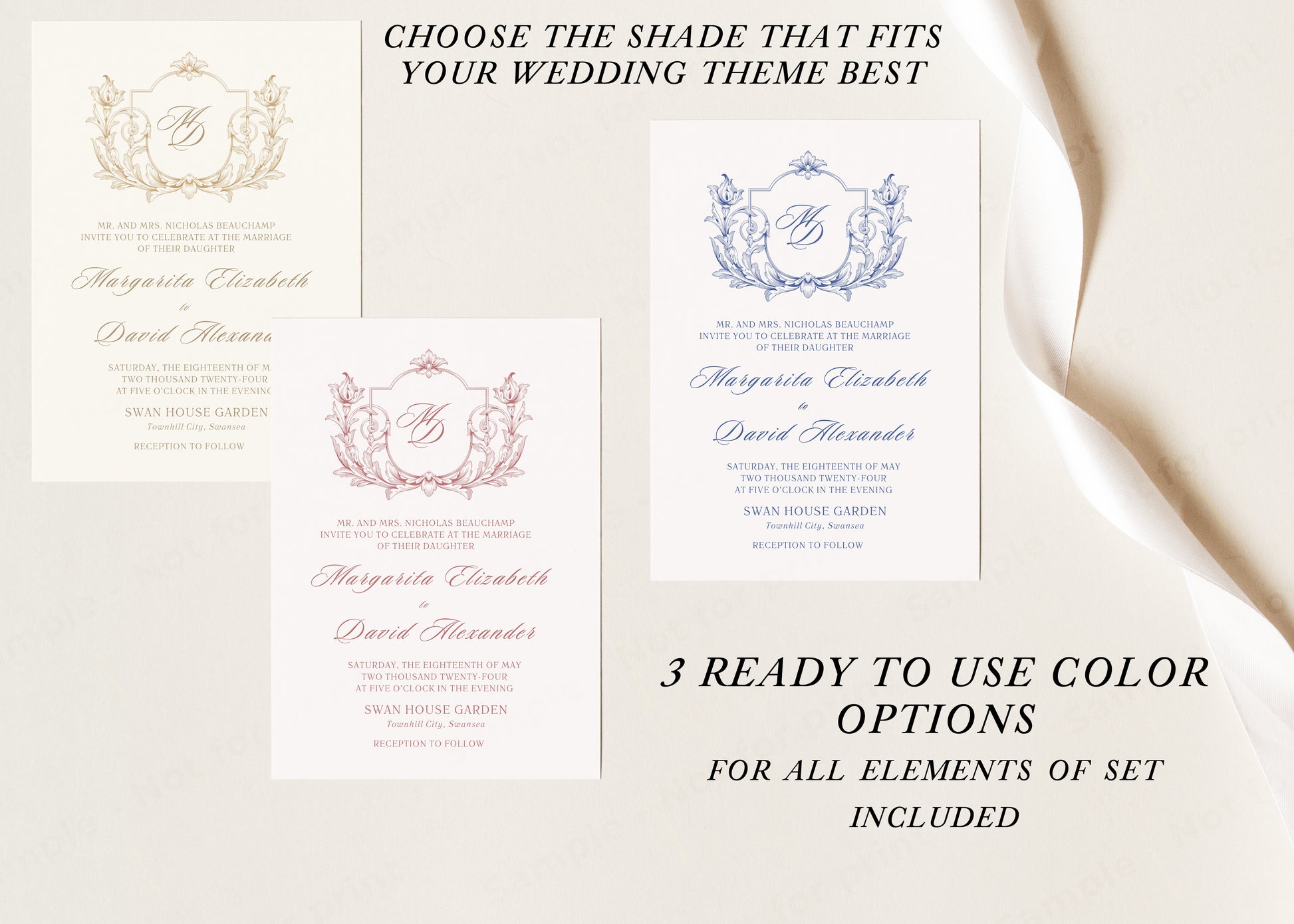 vintage baroque wedding invitation set 3 shade options