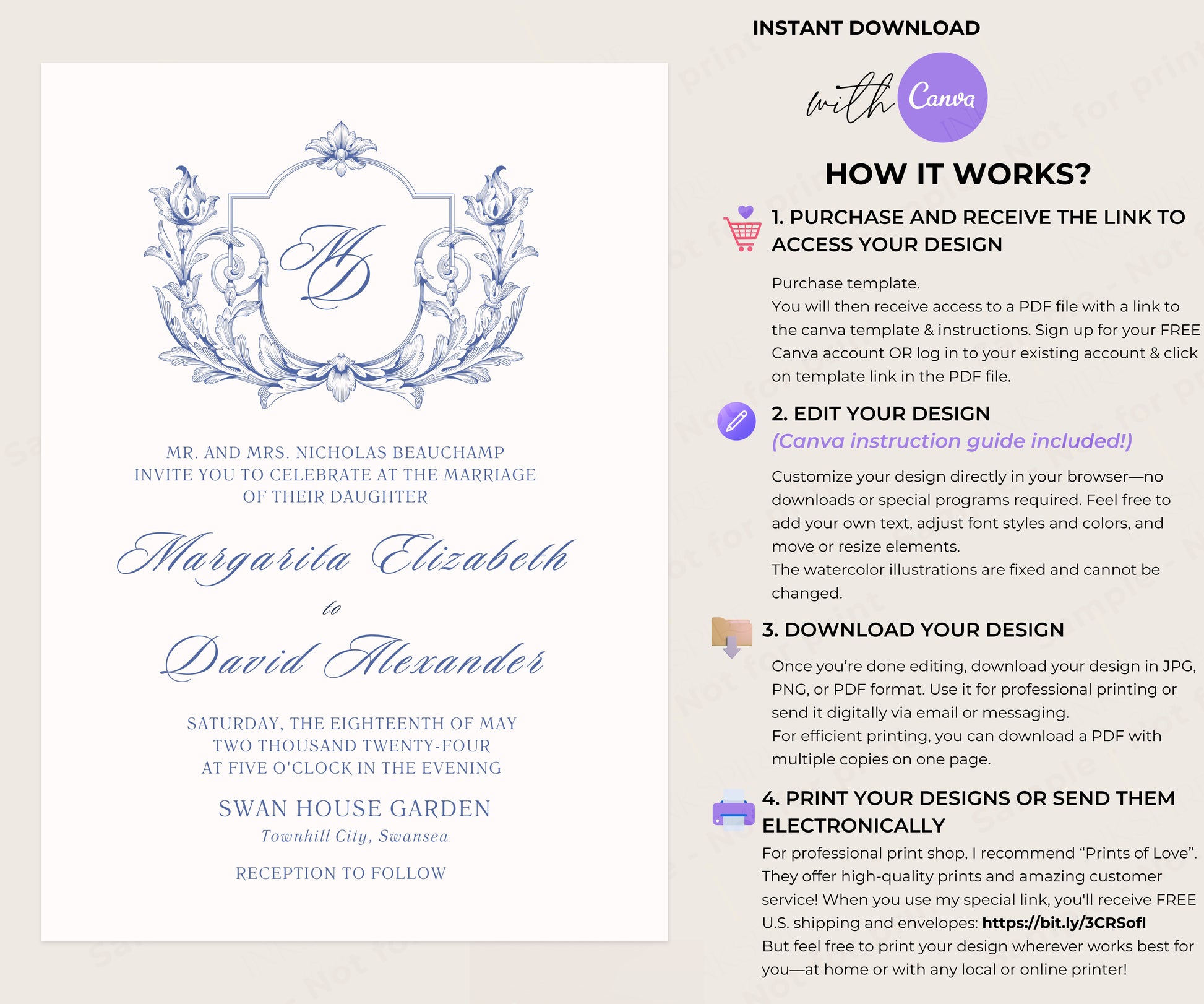 vintage wedding invite step by step how it works instructions with canva template